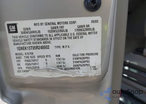 2005 Chevrolet Tahoe Z71 z USA, uszkodzony, nr VIN 1GNEK13T95R248902